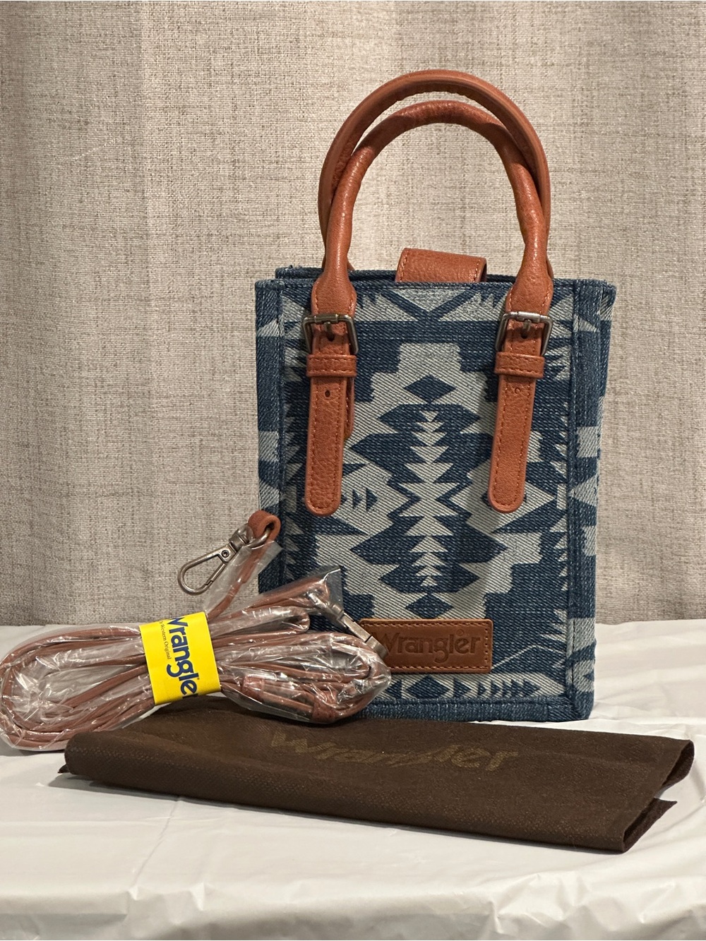New Wrangler Mini Denim Western Crossbody Tote Bag w/ Strap & Dust Bag